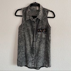 BKE Acid Wash Button Down Sleeveless with Mesh